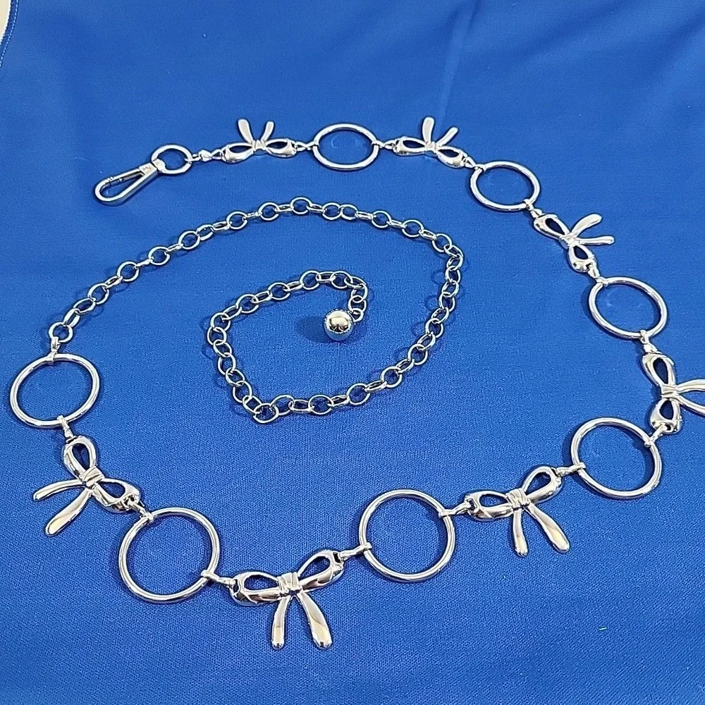 Retro Y2K Belly Chain Metal Belt Silver-tone Cutesy Bows‎ Fits Upto 38